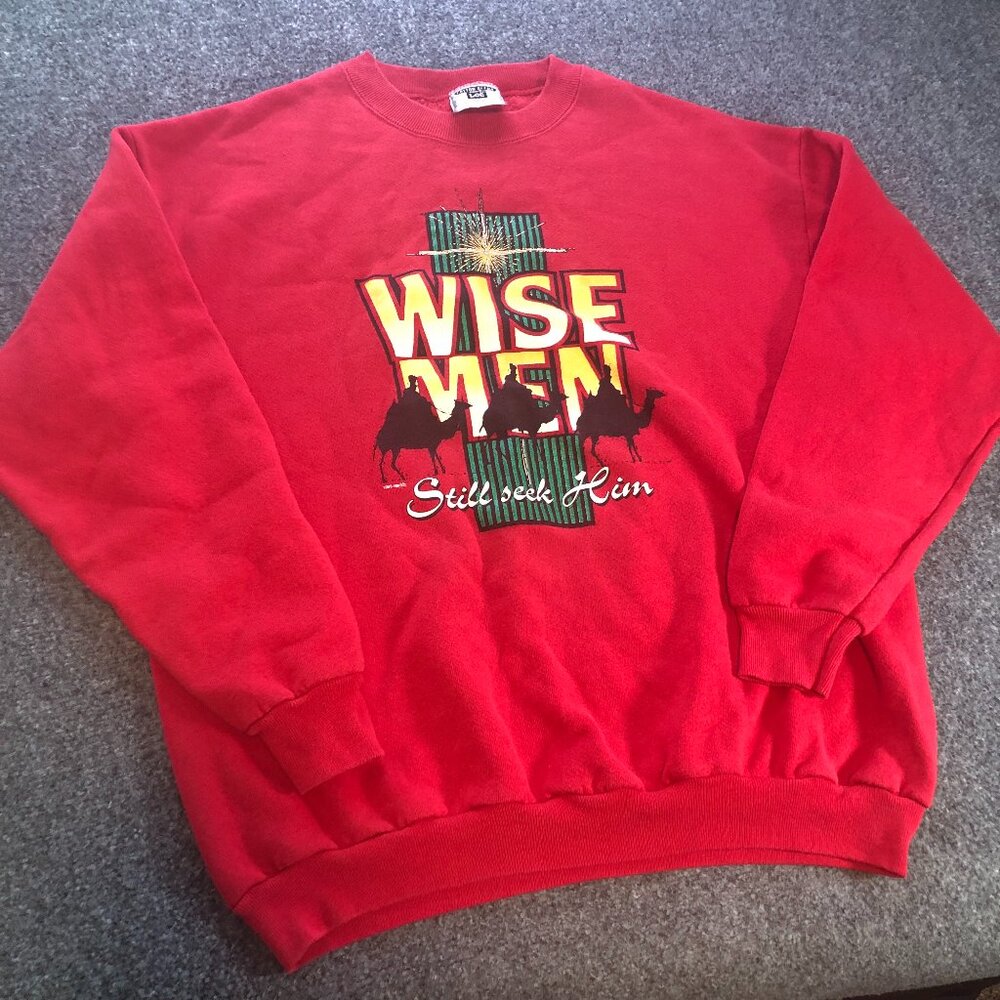 Lee Sweatshirt Men Extra Large Red Vintage 90s Made USA Jesus Christmas Wise Men